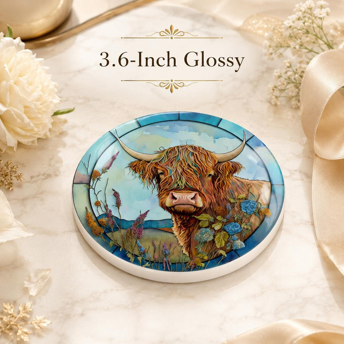 Highland Cow Ceramic Coaster, Art Glass Style Farmhouse Decor, Scottish Cattle Gift