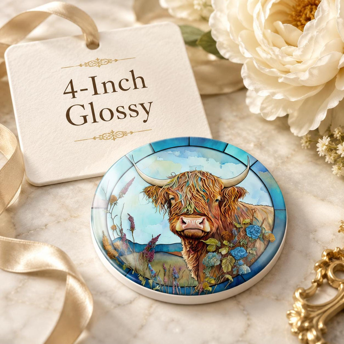 Highland Cow Ceramic Coaster, Art Glass Style Farmhouse Decor, Scottish Cattle Gift