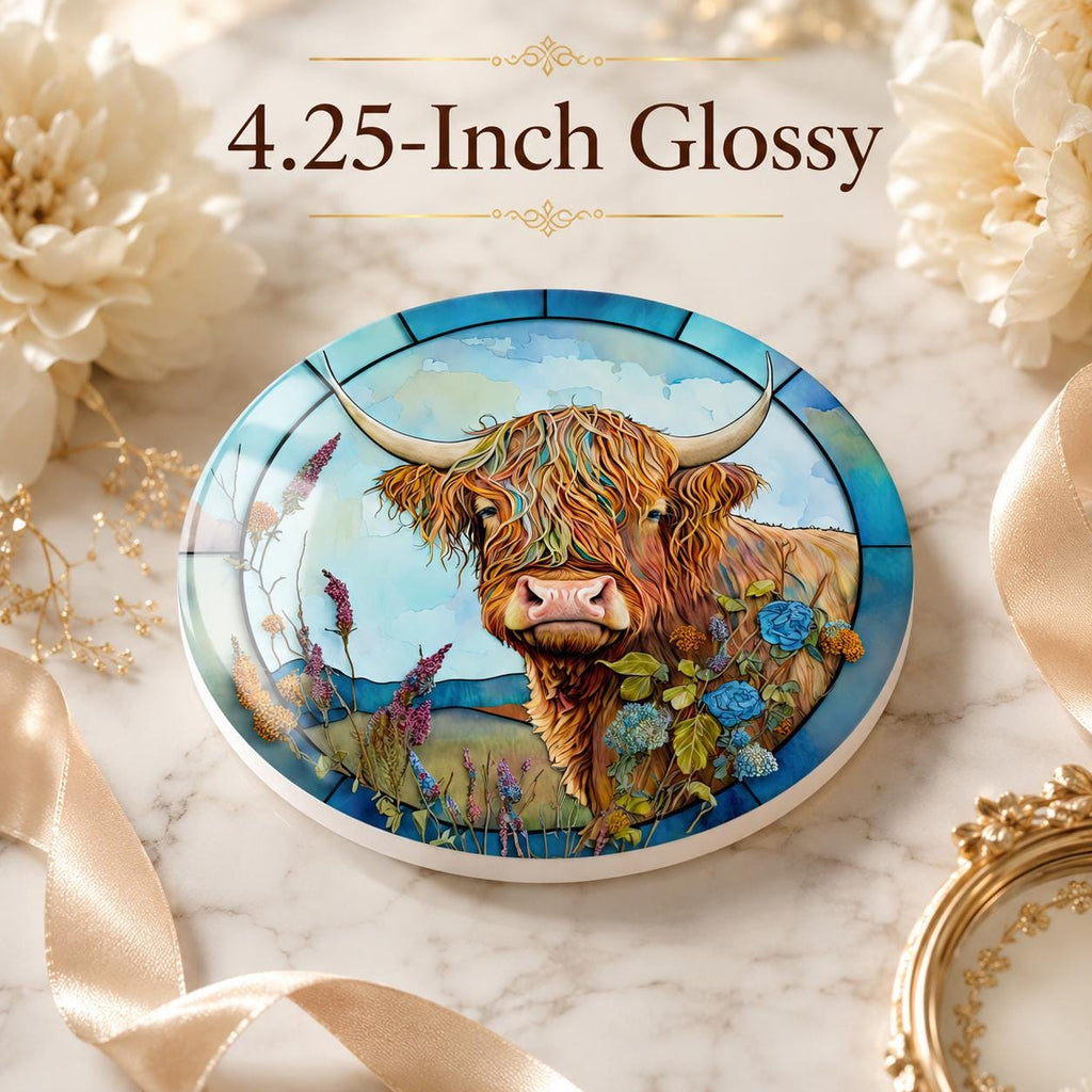 Highland Cow Ceramic Coaster, Art Glass Style Farmhouse Decor, Scottish Cattle Gift