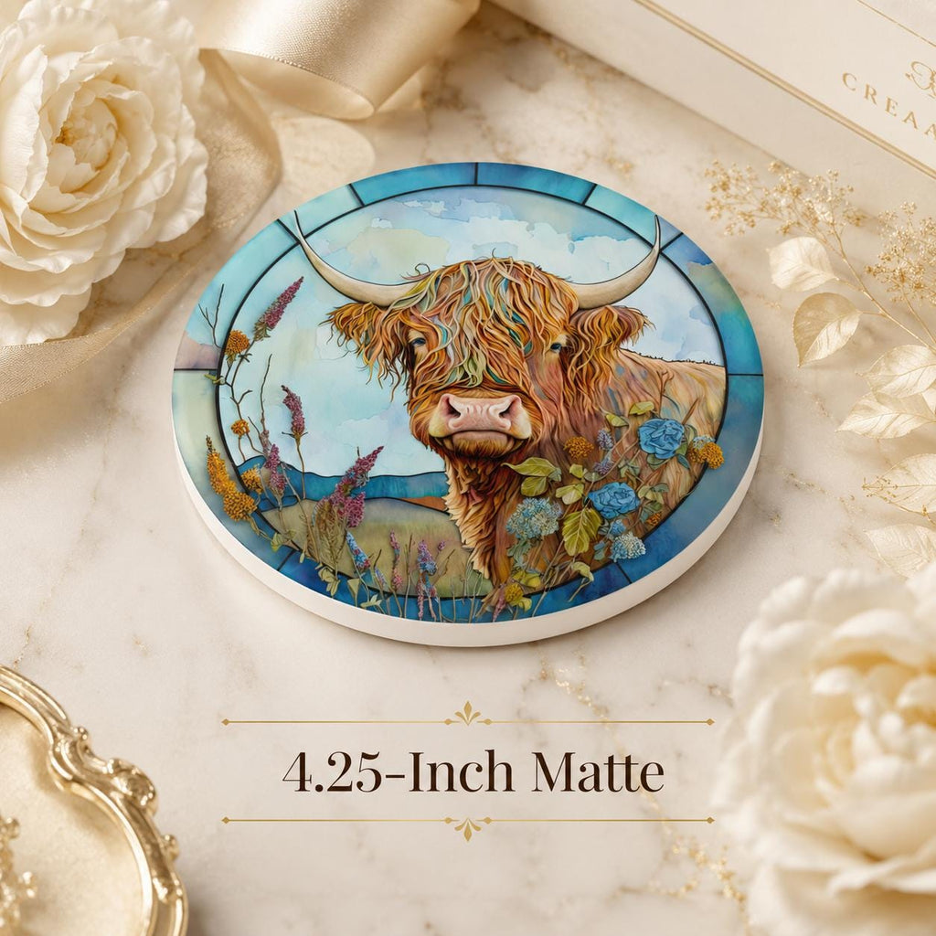 Highland Cow Ceramic Coaster, Art Glass Style Farmhouse Decor, Scottish Cattle Gift