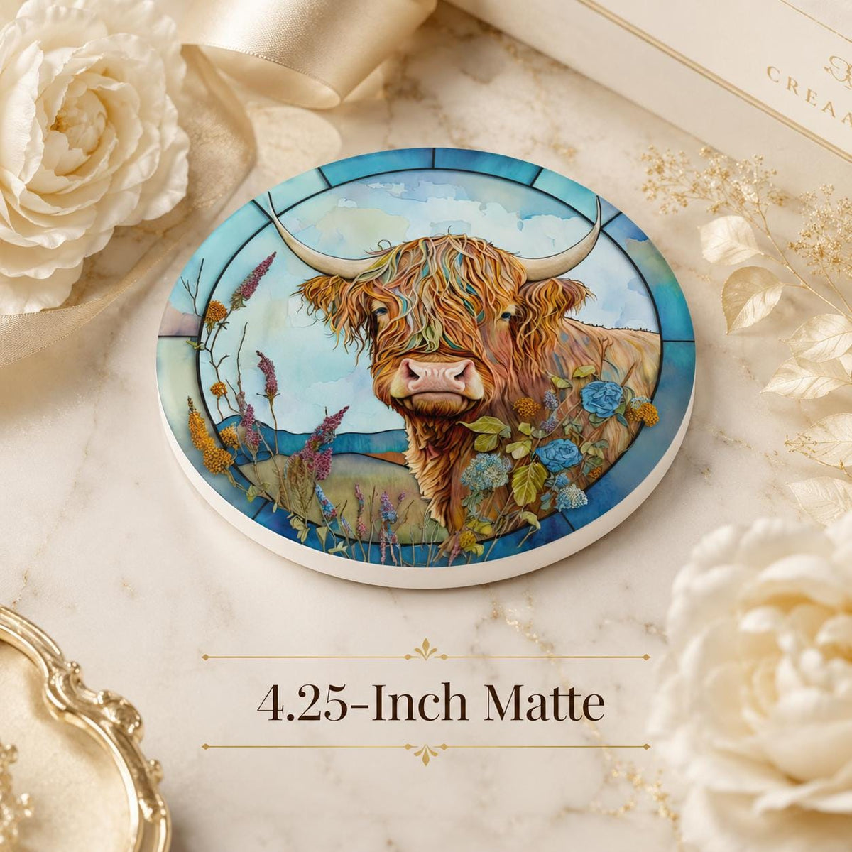 Highland Cow Ceramic Coaster, Art Glass Style Farmhouse Decor, Scottish Cattle Gift