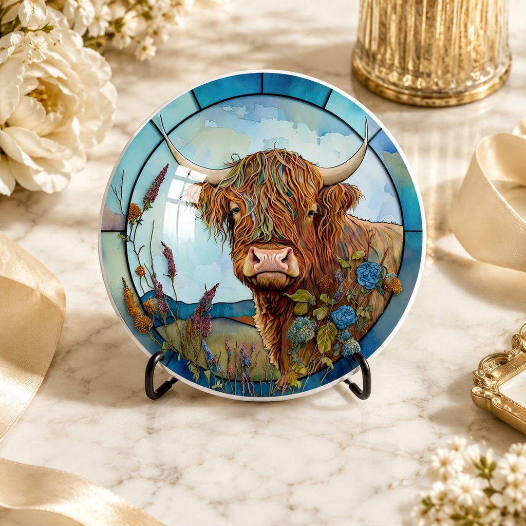 Highland Cow Ceramic Coaster, Art Glass Style Farmhouse Decor, Scottish Cattle Gift