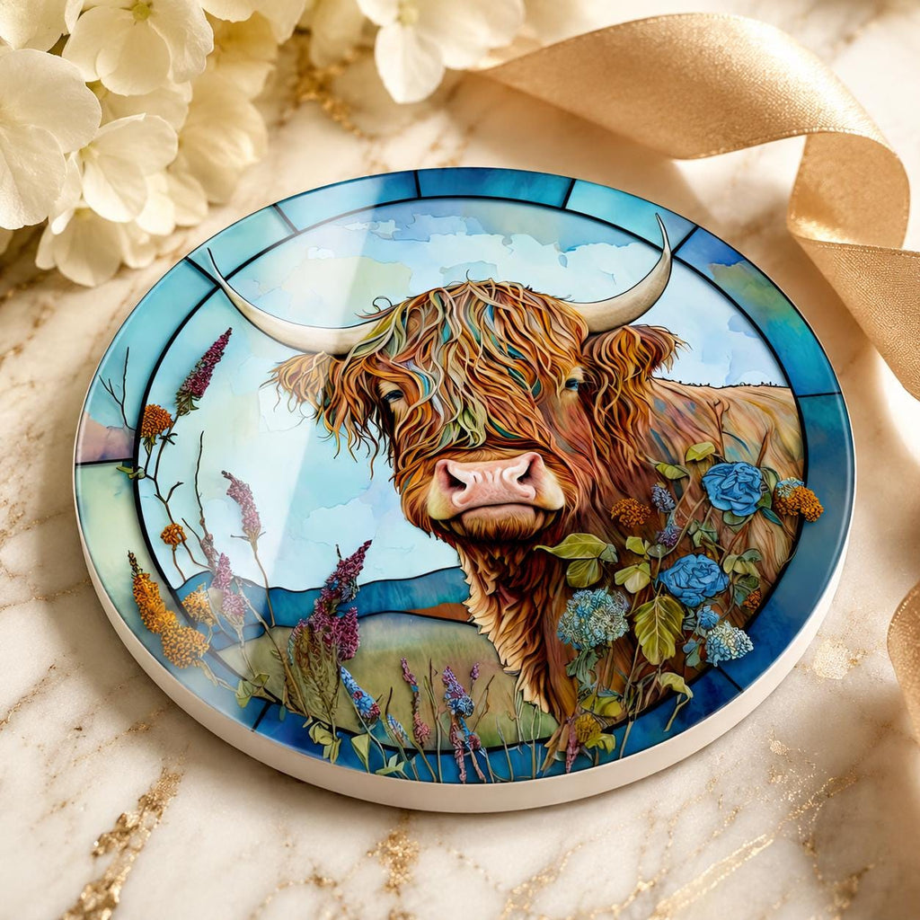 Highland Cow Ceramic Coaster, Art Glass Style Farmhouse Decor, Scottish Cattle Gift