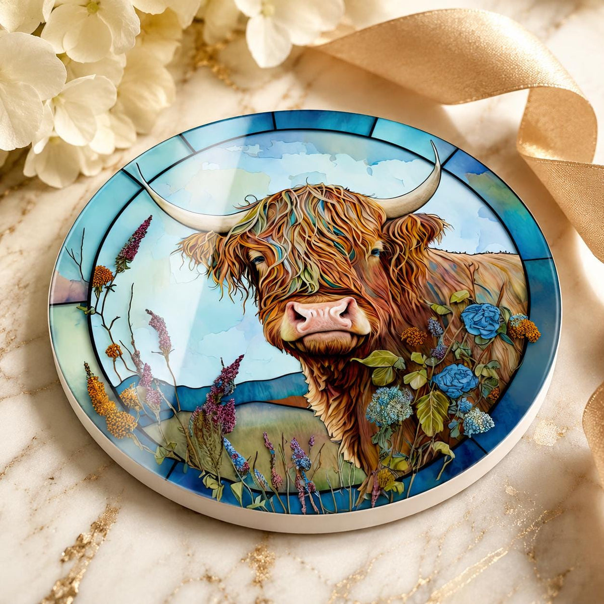 Highland Cow Ceramic Coaster, Art Glass Style Farmhouse Decor, Scottish Cattle Gift