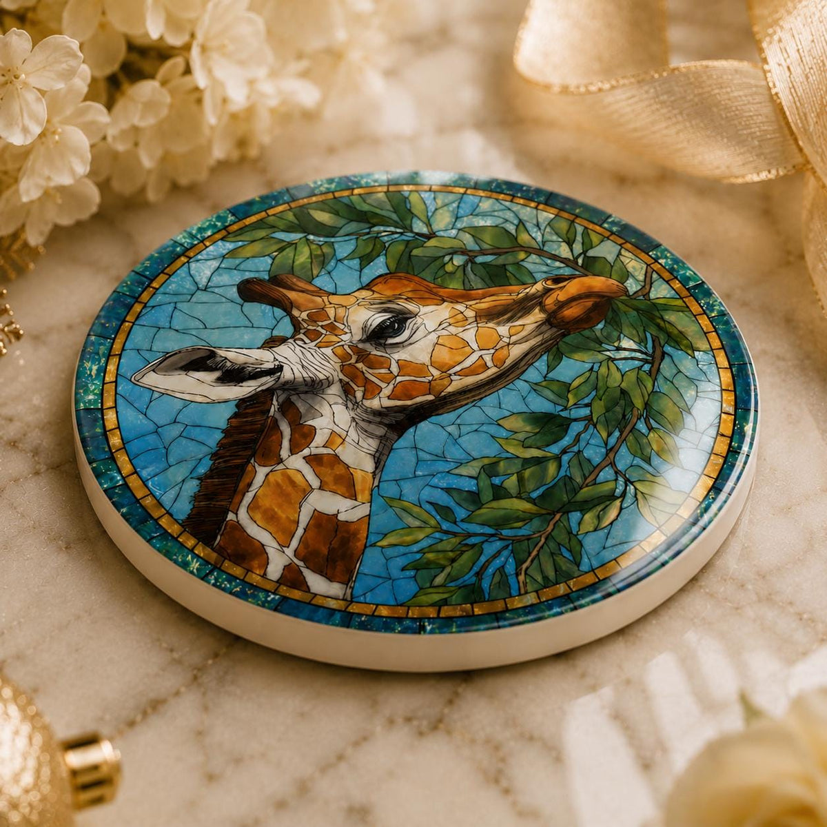 Giraffe Ceramic Coaster, Art Glass Style Safari Animal Decor, Wildlife Lover Gift