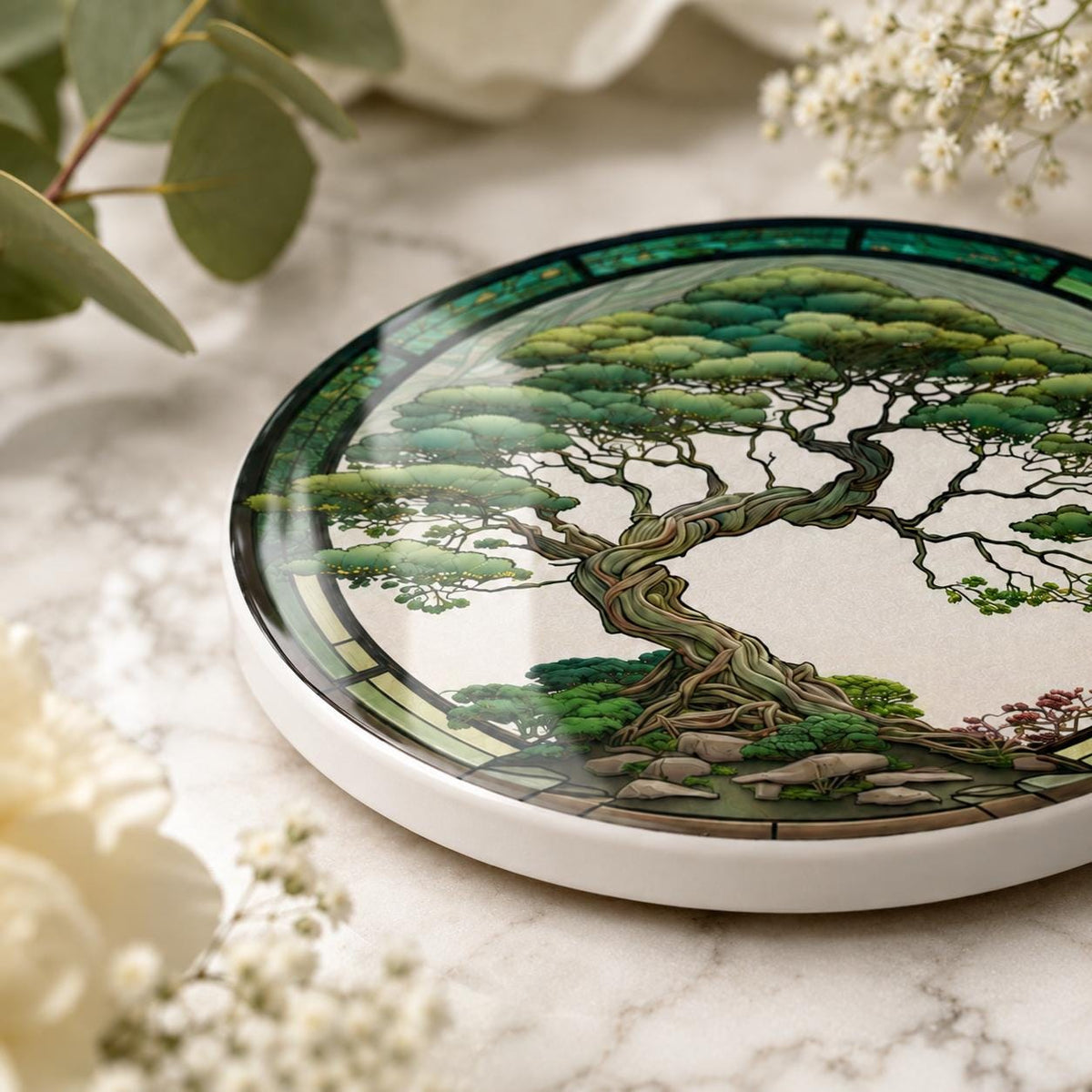 Bonsai Tree Ceramic Coaster, Zen Garden Decor, Botanical Drink Holder