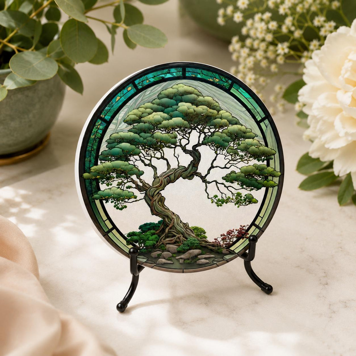 Bonsai Tree Ceramic Coaster, Zen Garden Decor, Botanical Drink Holder