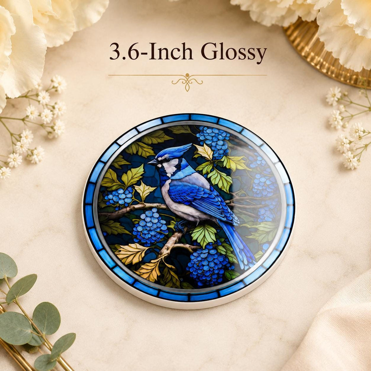 Blue Jay Ceramic Coaster, Stained Glass Bird Decor, Botanical Drink Holder
