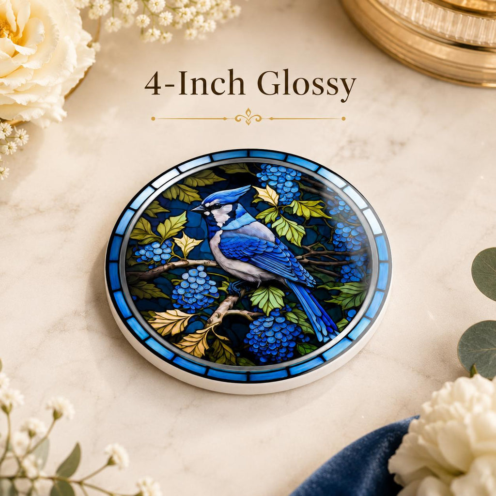 Blue Jay Ceramic Coaster, Stained Glass Bird Decor, Botanical Drink Holder