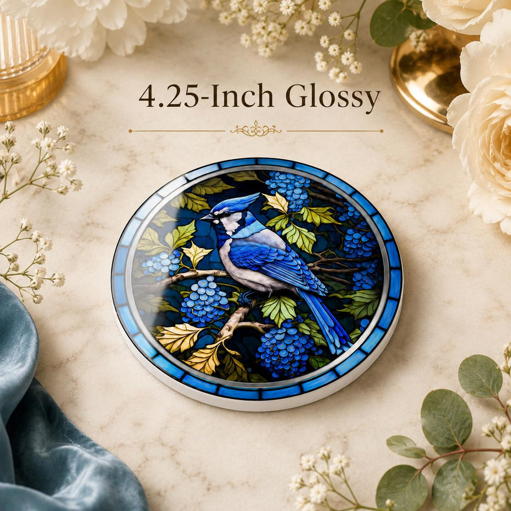 Blue Jay Ceramic Coaster, Stained Glass Bird Decor, Botanical Drink Holder