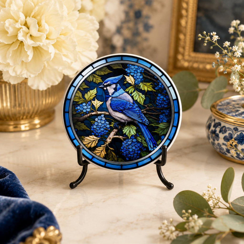 Blue Jay Ceramic Coaster, Stained Glass Bird Decor, Botanical Drink Holder