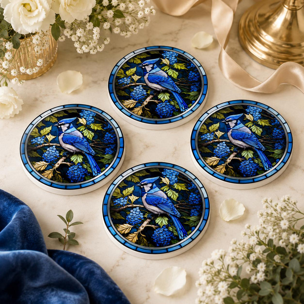 Blue Jay Ceramic Coaster, Stained Glass Bird Decor, Botanical Drink Holder