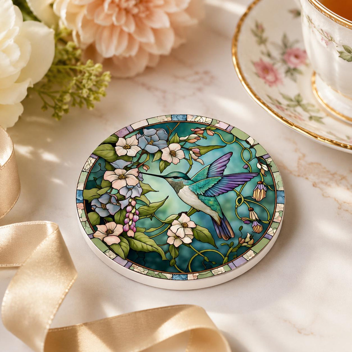 Hummingbird Floral Ceramic Coaster, Round Garden Drink Mat, Botanical Bird Decor