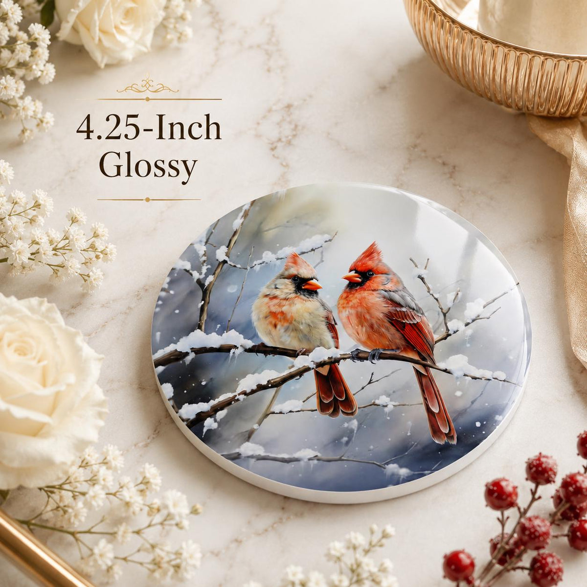 Cardinal Ceramic Coaster, Winter Bird Decor, Snowy Christmas Drink Holder