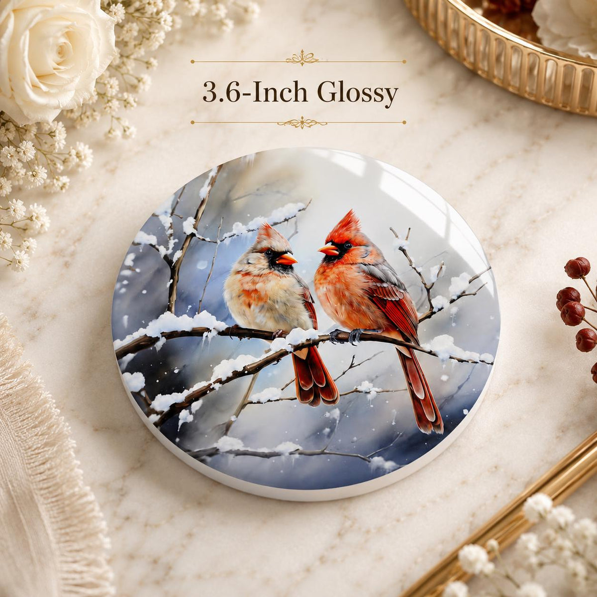 Cardinal Ceramic Coaster, Winter Bird Decor, Snowy Christmas Drink Holder