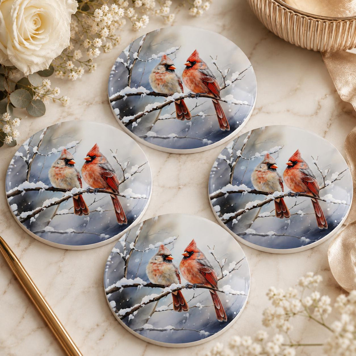 Cardinal Ceramic Coaster, Winter Bird Decor, Snowy Christmas Drink Holder
