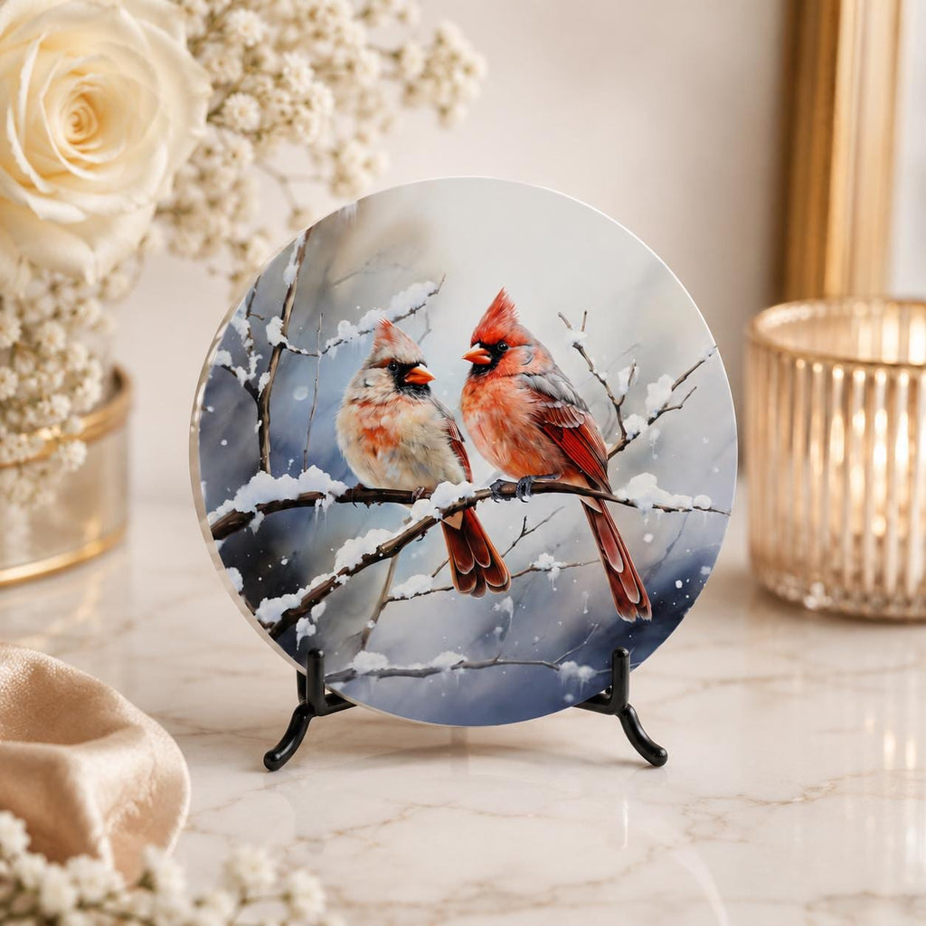 Cardinal Ceramic Coaster, Winter Bird Decor, Snowy Christmas Drink Holder