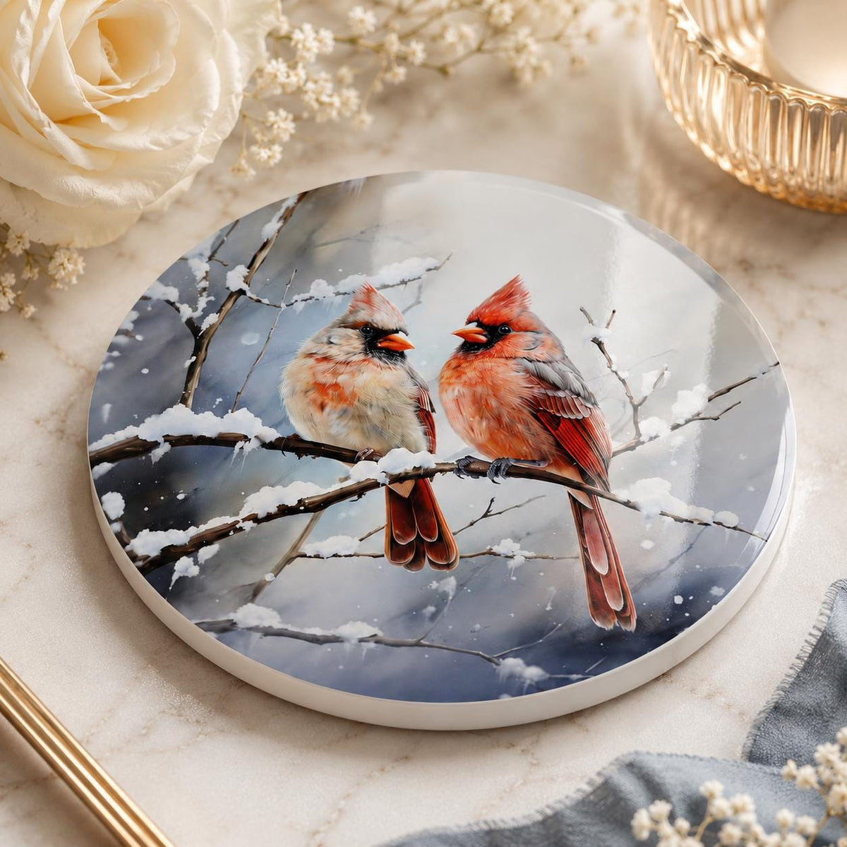 Cardinal Ceramic Coaster, Winter Bird Decor, Snowy Christmas Drink Holder