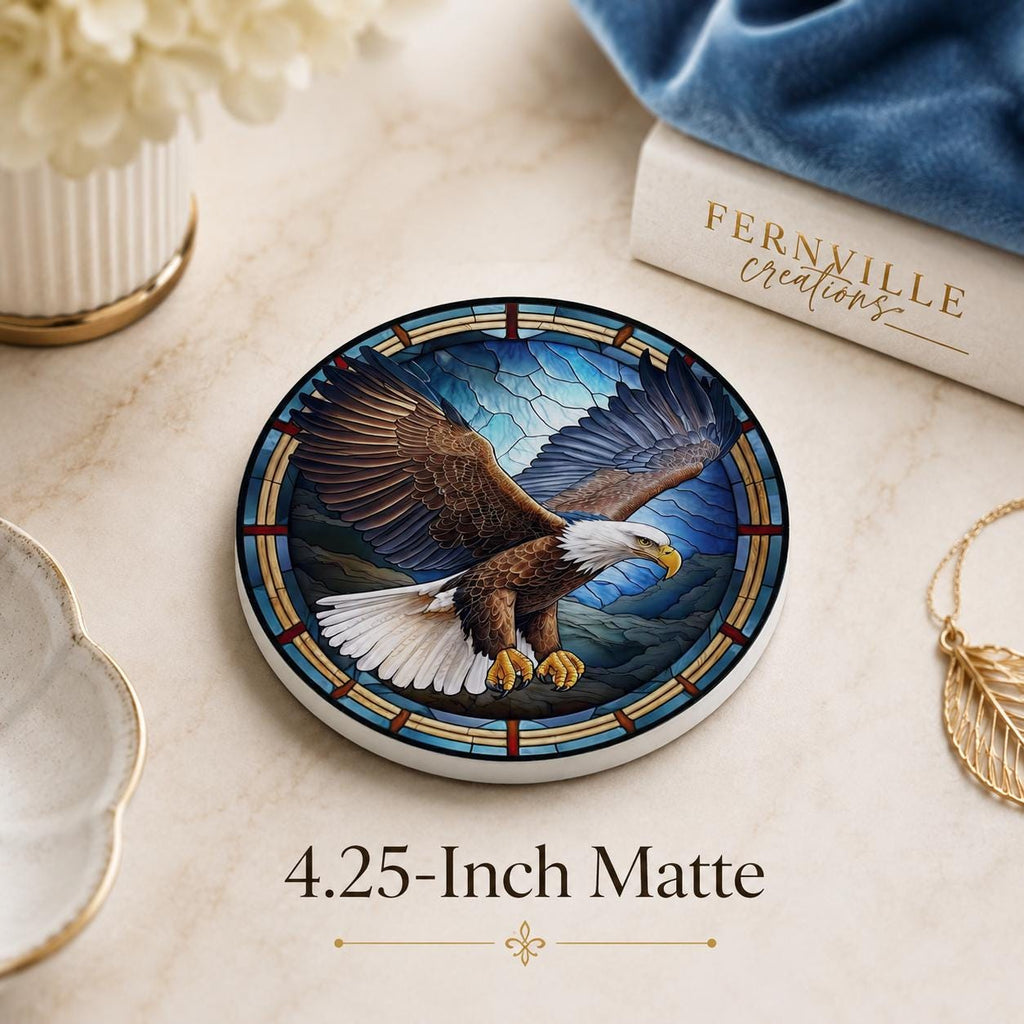 Bald Eagle Ceramic Coaster, Patriotic Bird Decor, Stained Glass Drink Holder