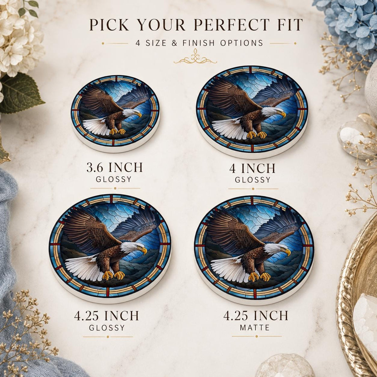 Bald Eagle Ceramic Coaster, Patriotic Bird Decor, Stained Glass Drink Holder