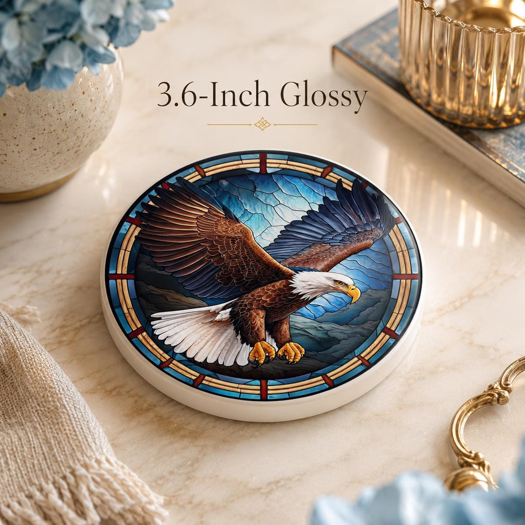 Bald Eagle Ceramic Coaster, Patriotic Bird Decor, Stained Glass Drink Holder