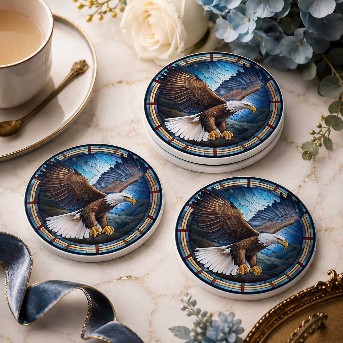 Bald Eagle Ceramic Coaster, Patriotic Bird Decor, Stained Glass Drink Holder