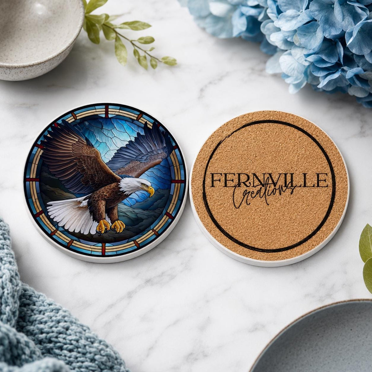 Bald Eagle Ceramic Coaster, Patriotic Bird Decor, Stained Glass Drink Holder