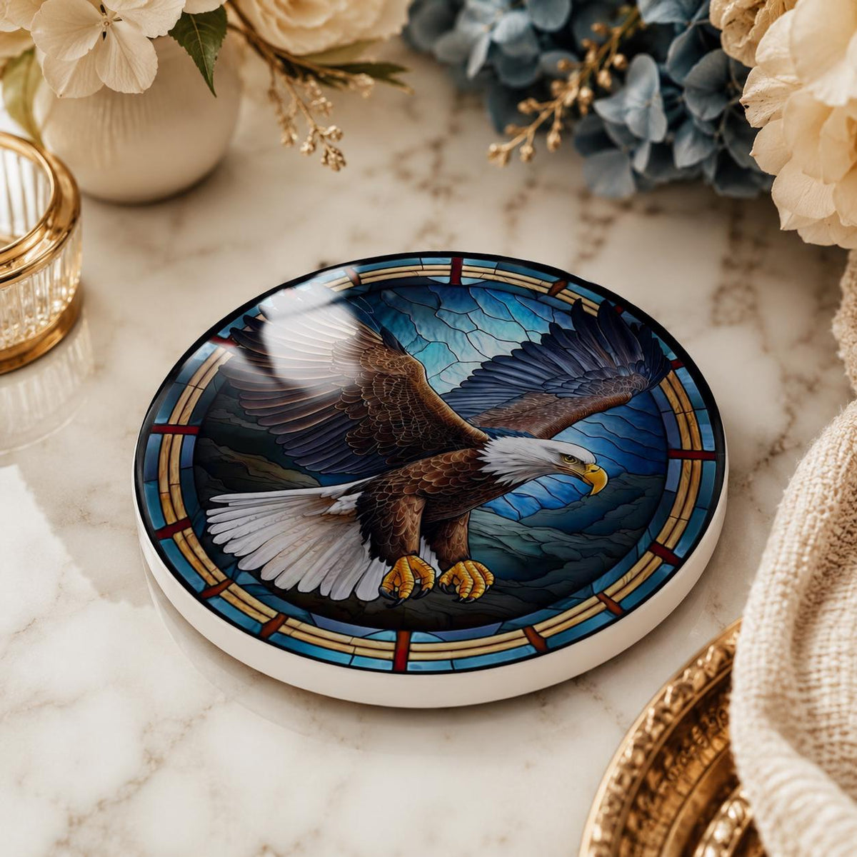 Bald Eagle Ceramic Coaster, Patriotic Bird Decor, Stained Glass Drink Holder