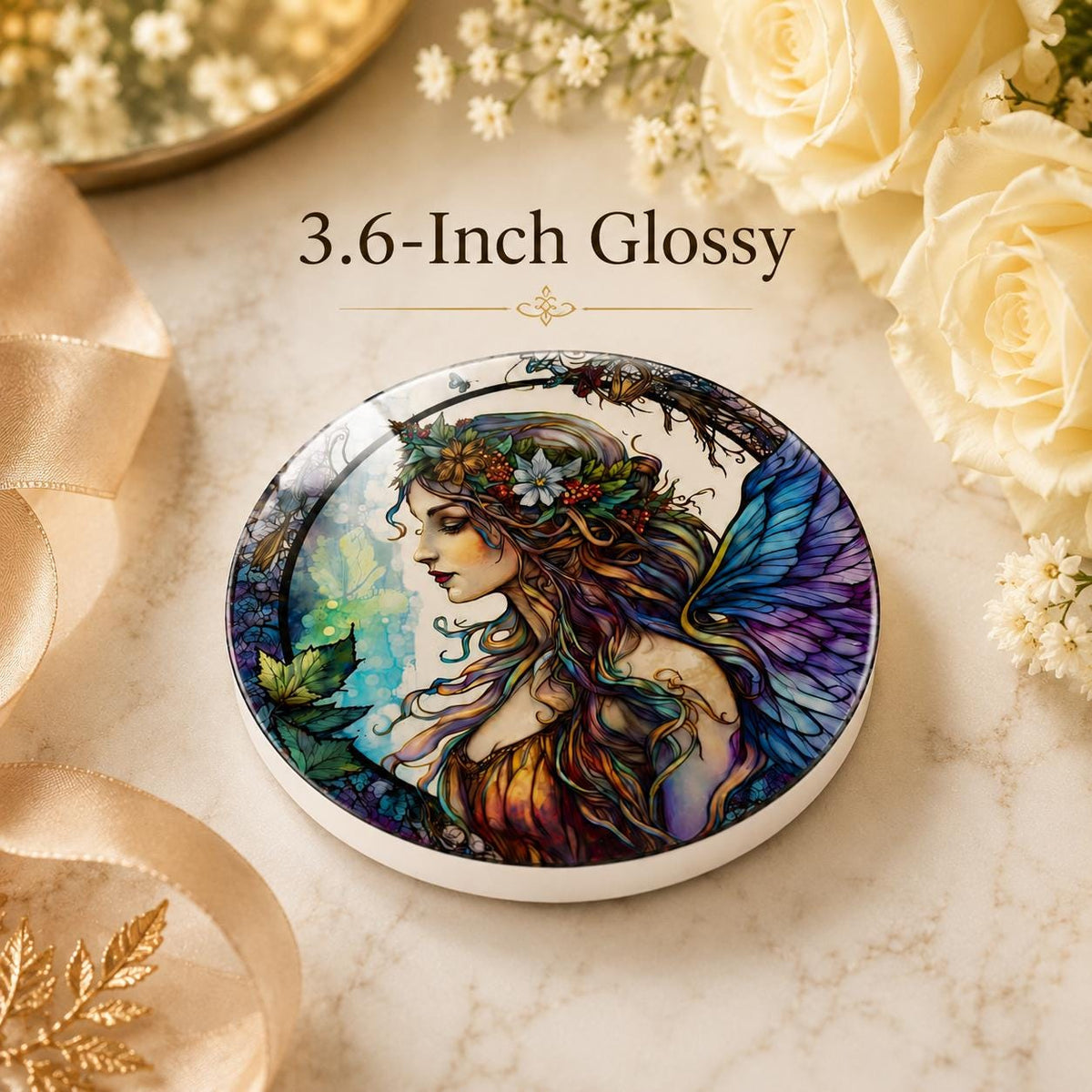 Fairy Art Ceramic Coaster, Fantasy Decor, Stained Glass Style, Whimsical Gift