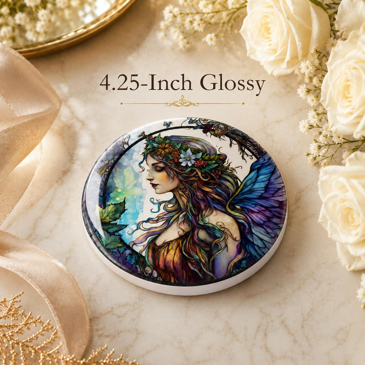 Fairy Art Ceramic Coaster, Fantasy Decor, Stained Glass Style, Whimsical Gift