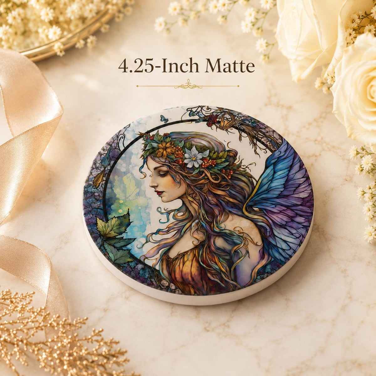 Fairy Art Ceramic Coaster, Fantasy Decor, Stained Glass Style, Whimsical Gift