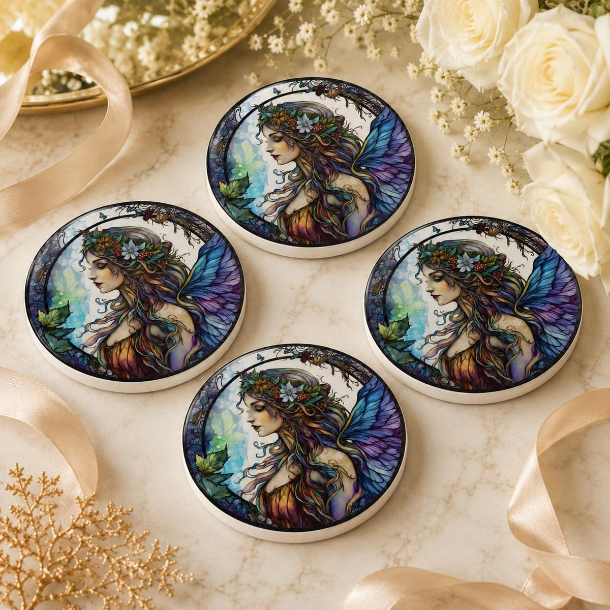 Fairy Art Ceramic Coaster, Fantasy Decor, Stained Glass Style, Whimsical Gift
