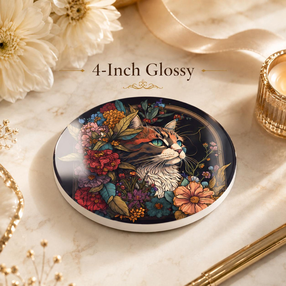 Floral Cat Ceramic Coaster, Luxe Pet Portrait Decor, Animal Lover Gift