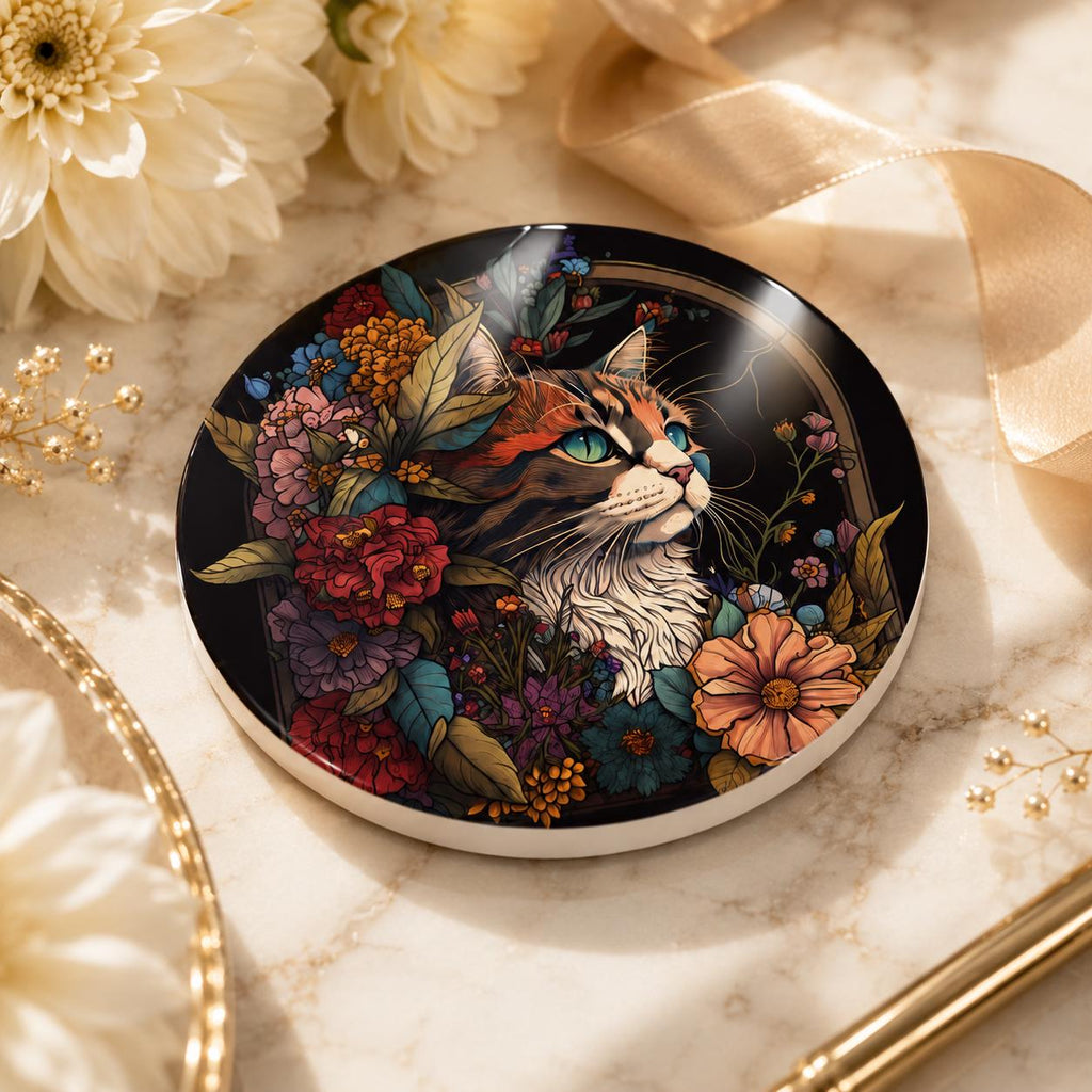 Floral Cat Ceramic Coaster, Luxe Pet Portrait Decor, Animal Lover Gift