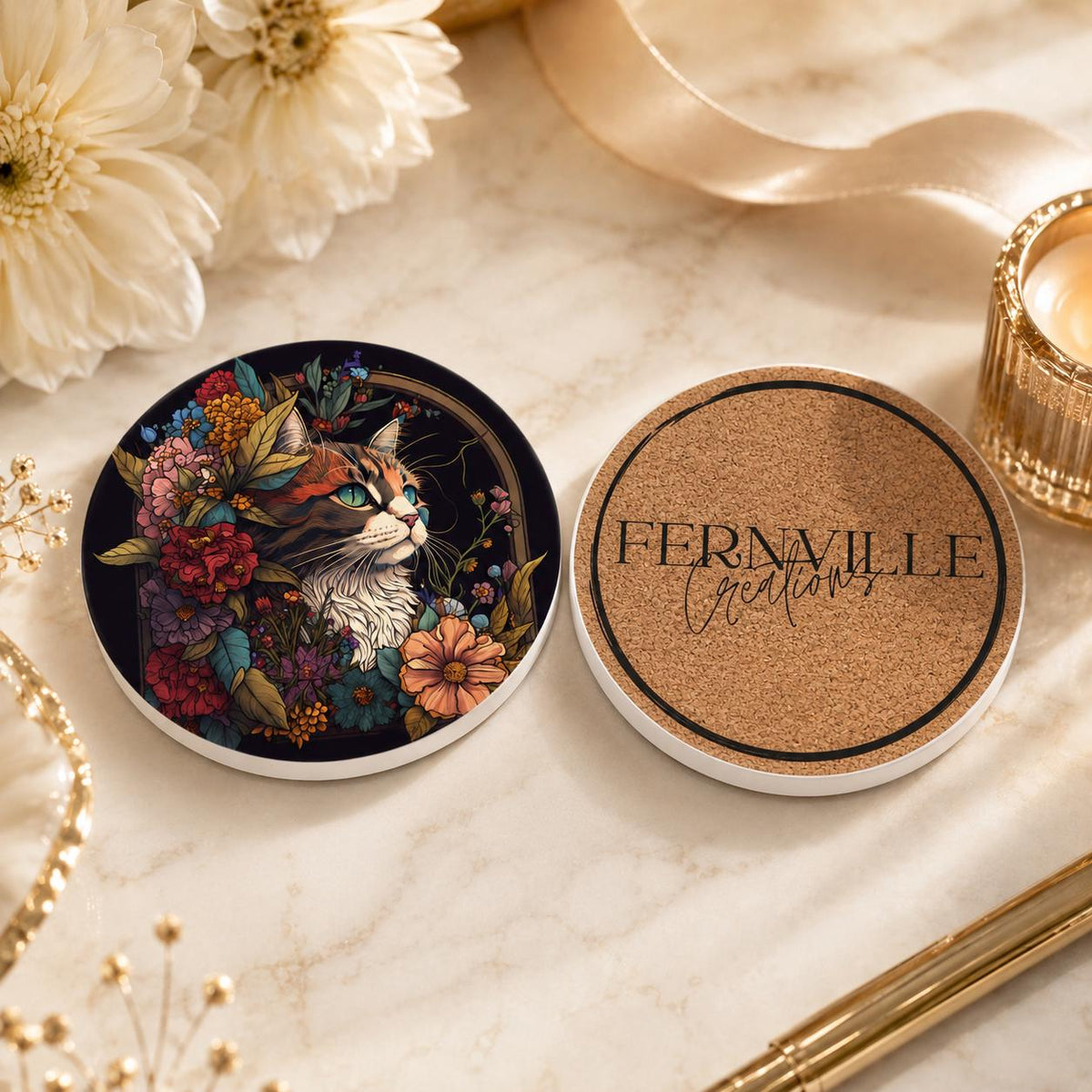 Floral Cat Ceramic Coaster, Luxe Pet Portrait Decor, Animal Lover Gift