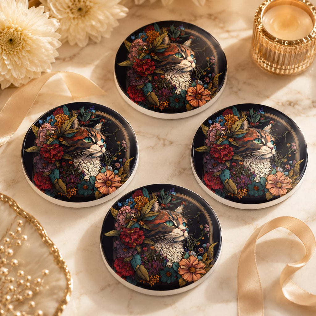 Floral Cat Ceramic Coaster, Luxe Pet Portrait Decor, Animal Lover Gift