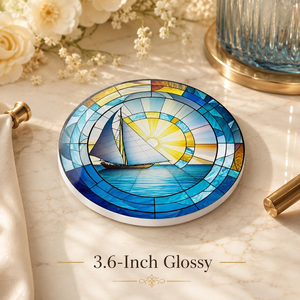 Sailboat Ceramic Coaster, Coastal Sun Decor, Nautical Drink Holder