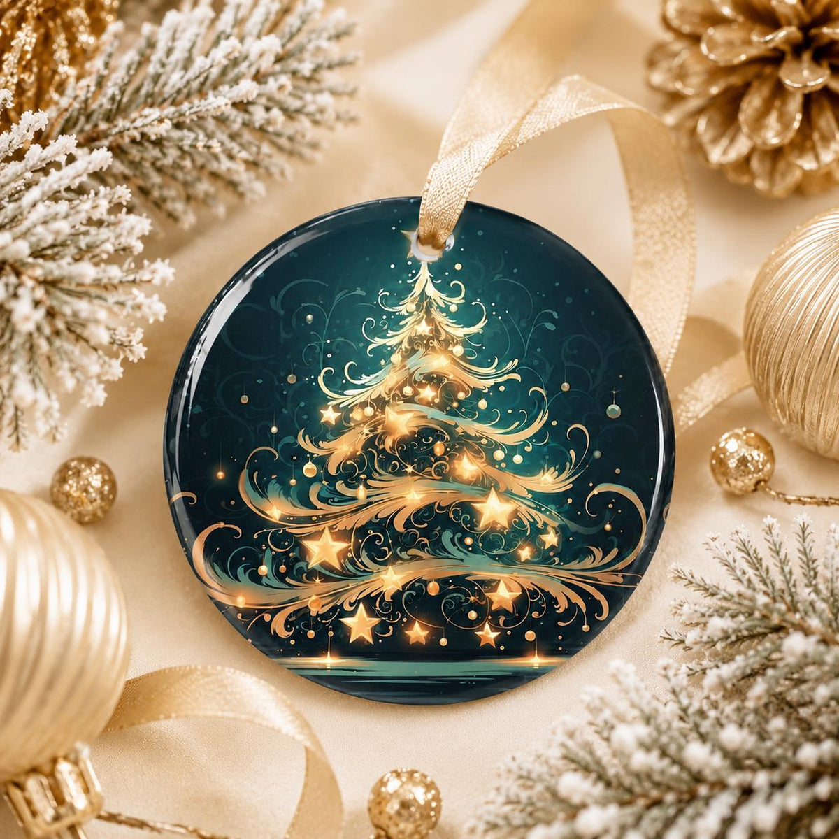 Elegant Christmas Tree Ceramic Ornament, Teal Gold Holiday Keepsake, Personalized Gift