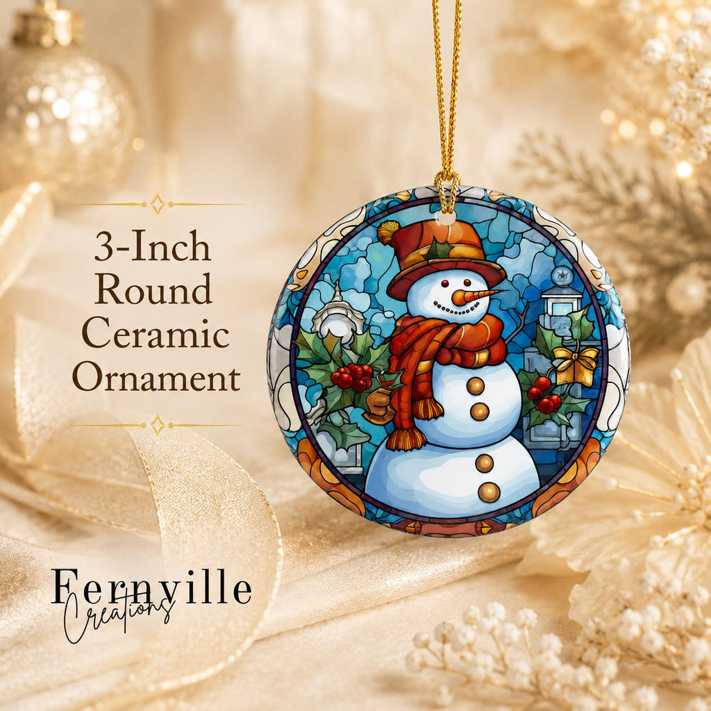 Round Ceramic Snowman Ornament, Winter Holiday Tree Decor, Festive Holly Artwork