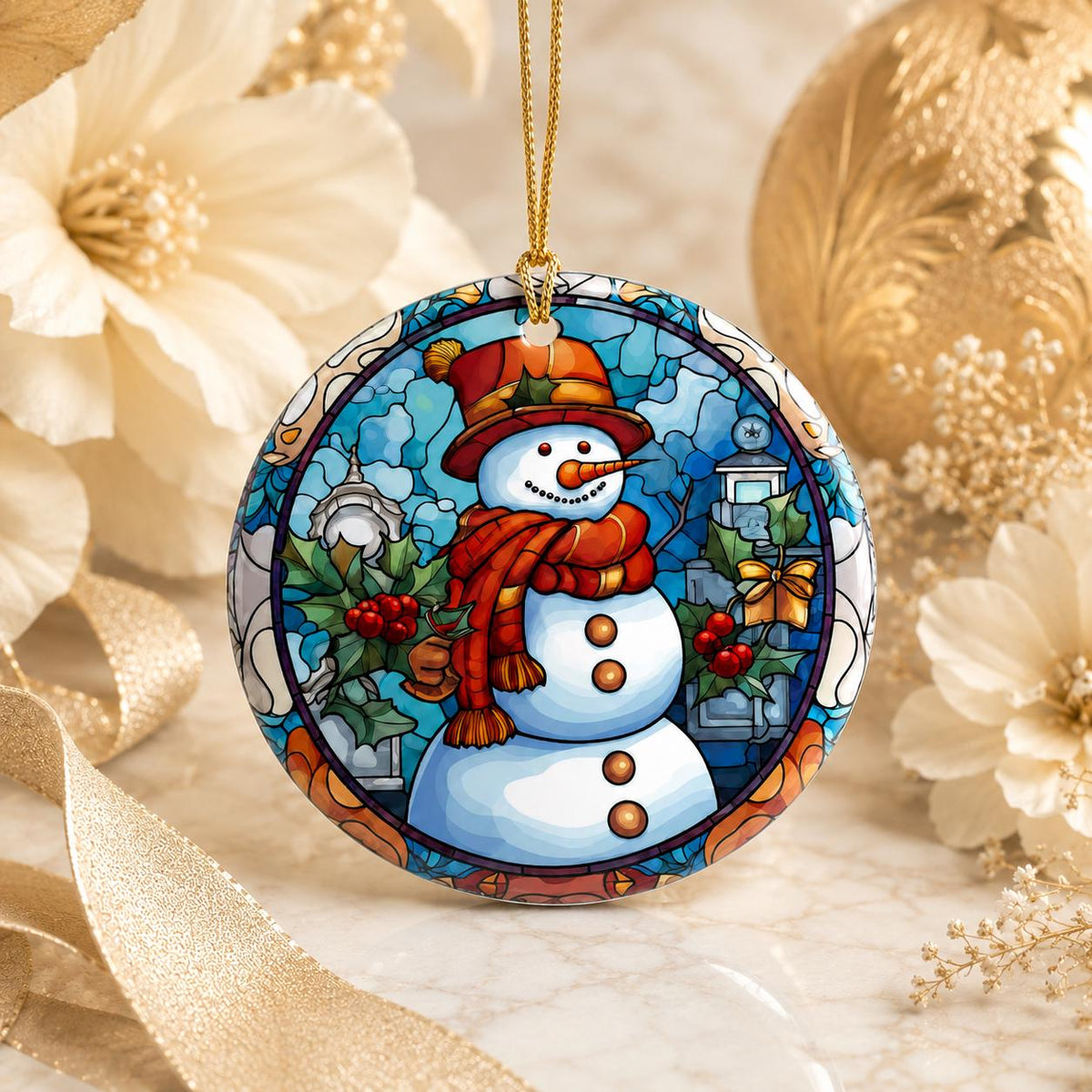 Round Ceramic Snowman Ornament, Winter Holiday Tree Decor, Festive Holly Artwork