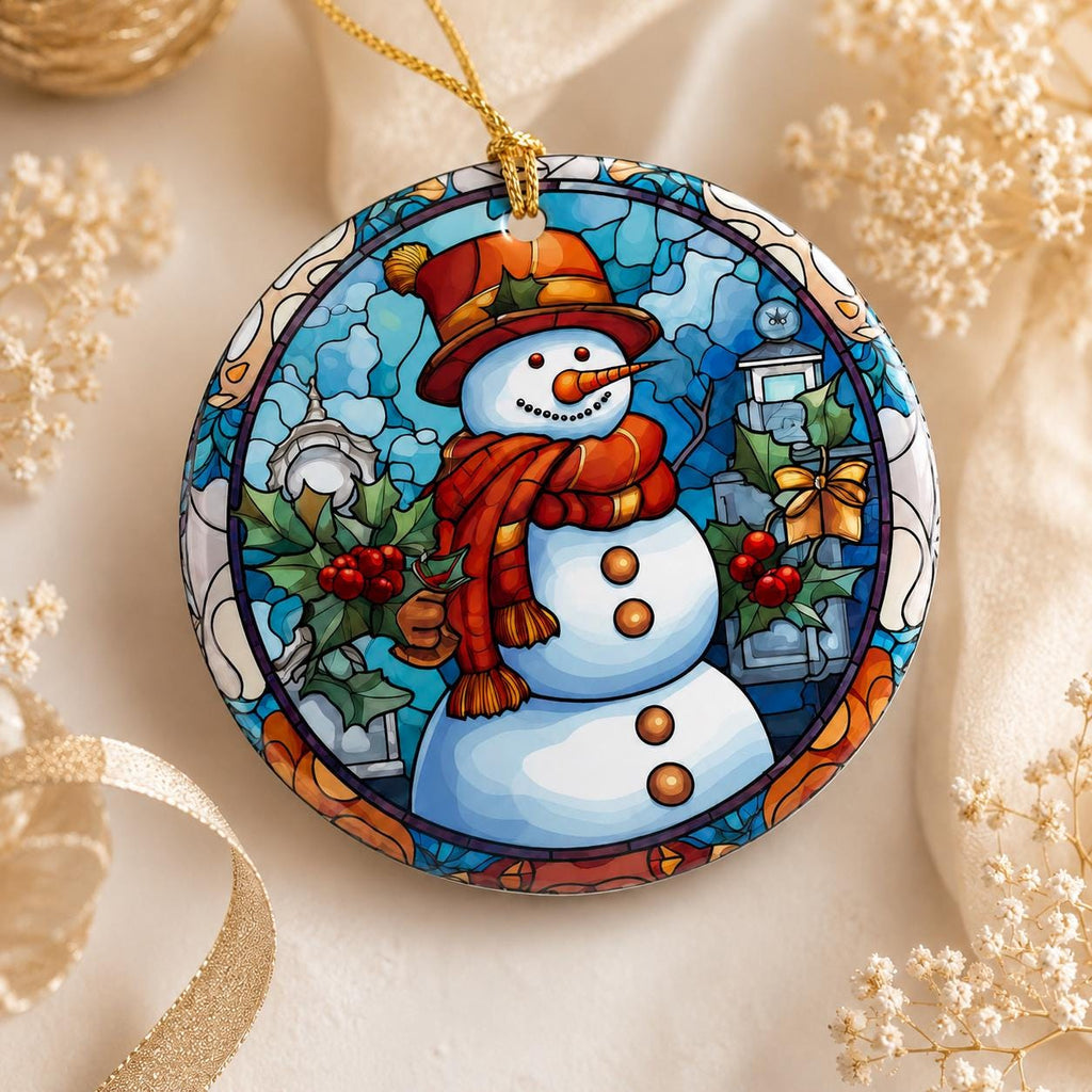 Round Ceramic Snowman Ornament, Winter Holiday Tree Decor, Festive Holly Artwork