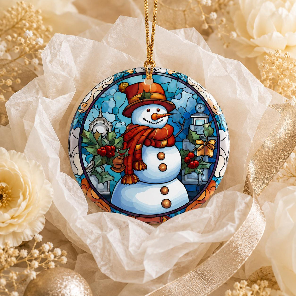 Round Ceramic Snowman Ornament, Winter Holiday Tree Decor, Festive Holly Artwork