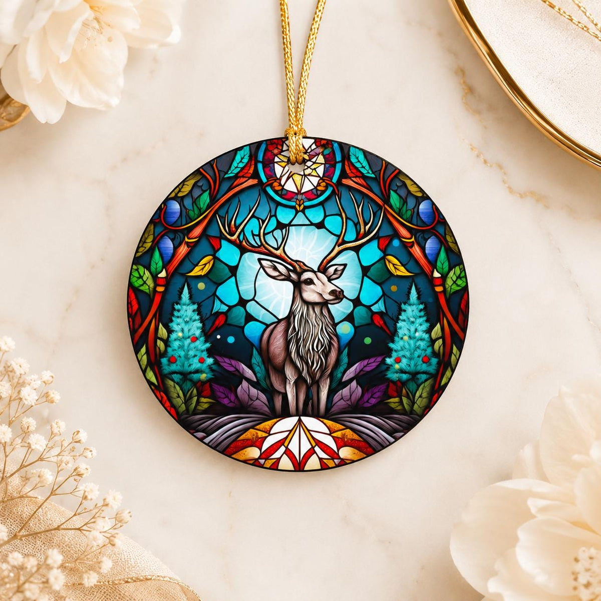 Ceramic Deer Ornament, Woodland Stag Art, Stained Glass Style, Christmas Keepsake Tree Decor