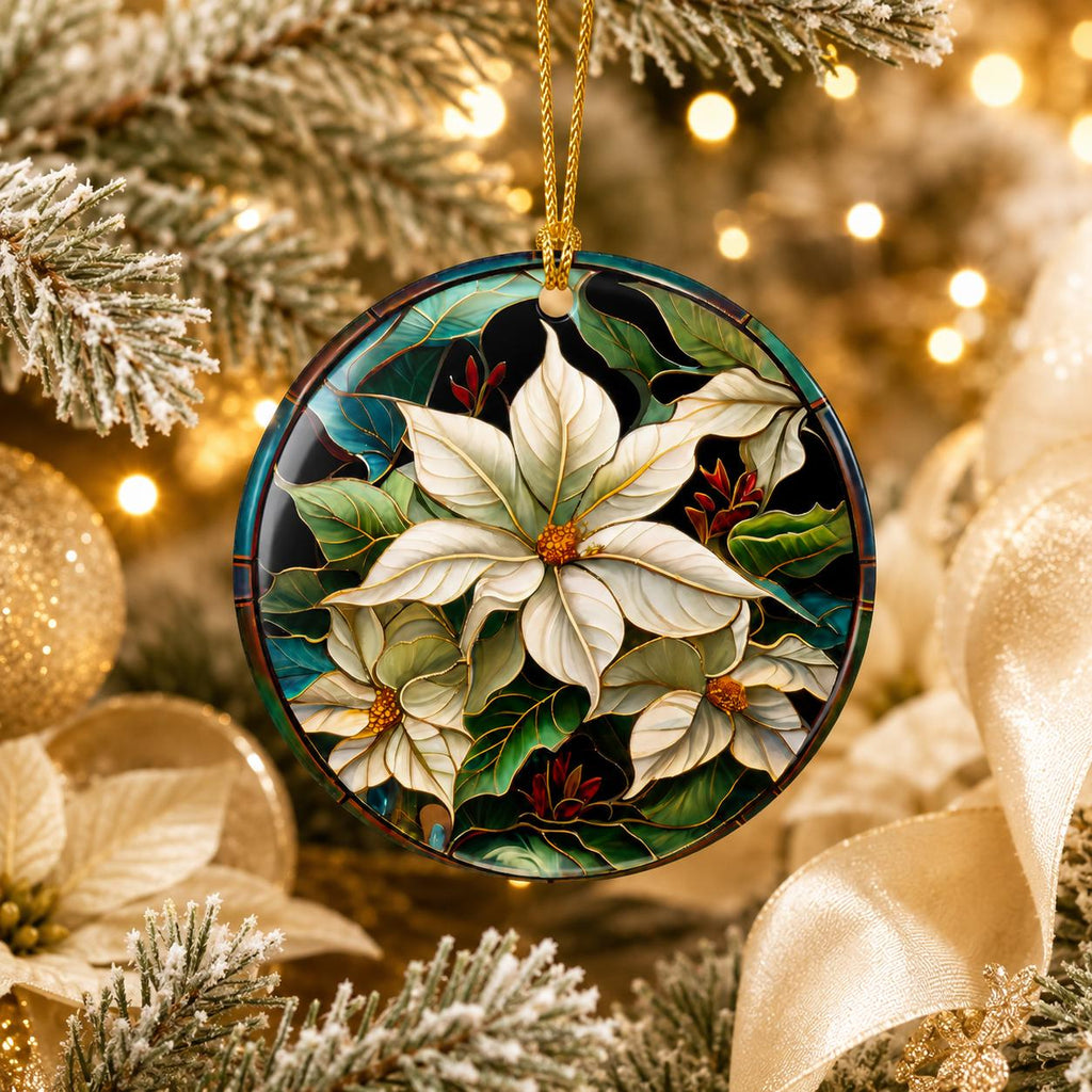 White Poinsettia Ceramic Ornament, Stained Glass Inspired Christmas Keepsake, Personalized Gift