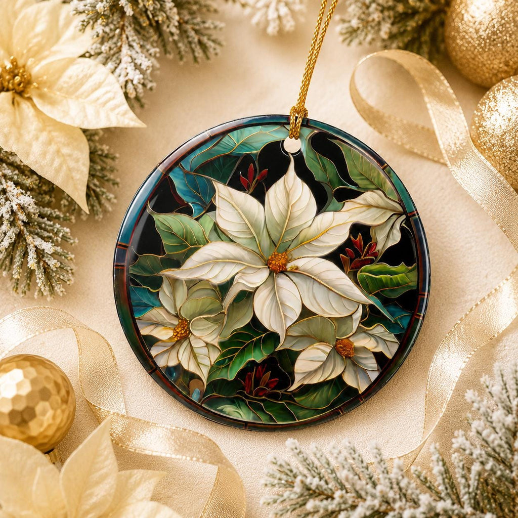 White Poinsettia Ceramic Ornament, Stained Glass Inspired Christmas Keepsake, Personalized Gift