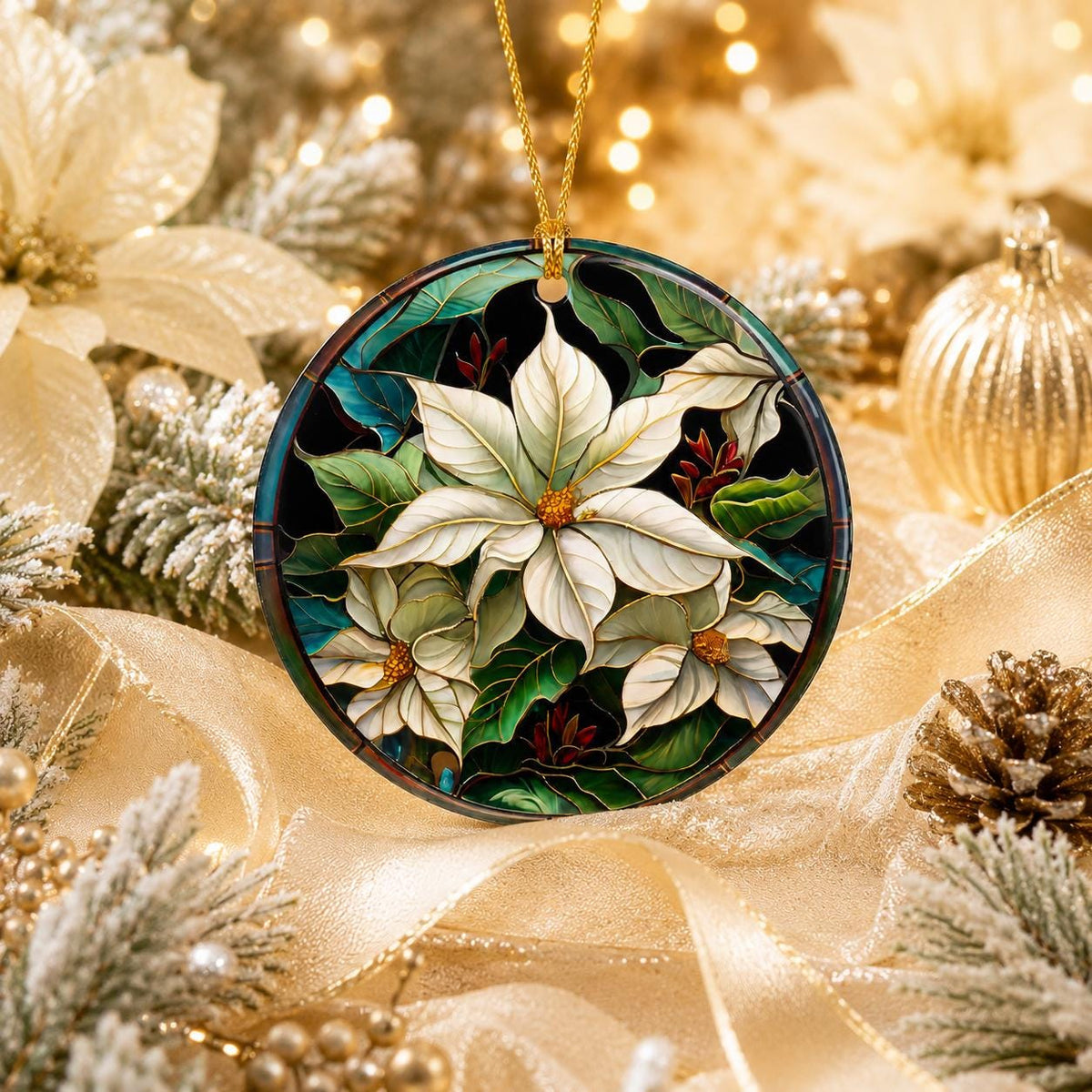 White Poinsettia Ceramic Ornament, Stained Glass Inspired Christmas Keepsake, Personalized Gift