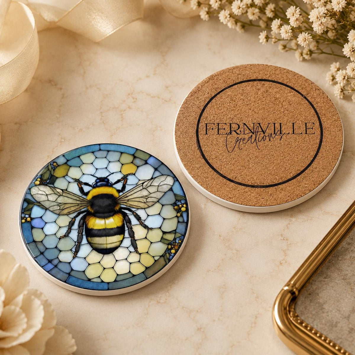 Bumblebee Ceramic Coaster, Garden-Inspired Bee Art, Nature Lover Gift