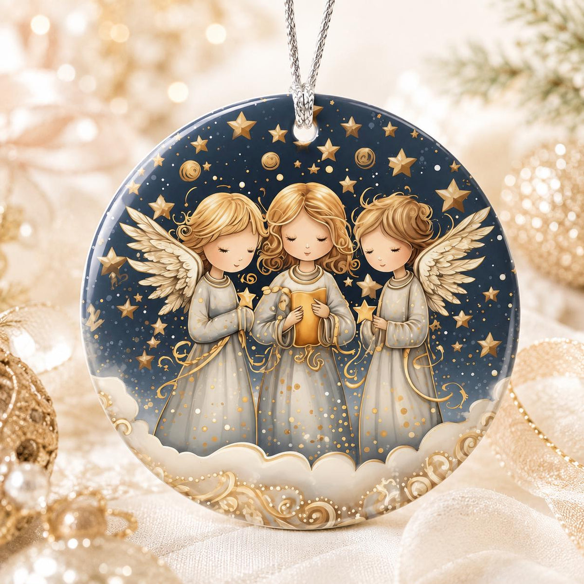 Three Angels Ceramic Ornament, Celestial Christmas Keepsake, Personalized Holiday Décor