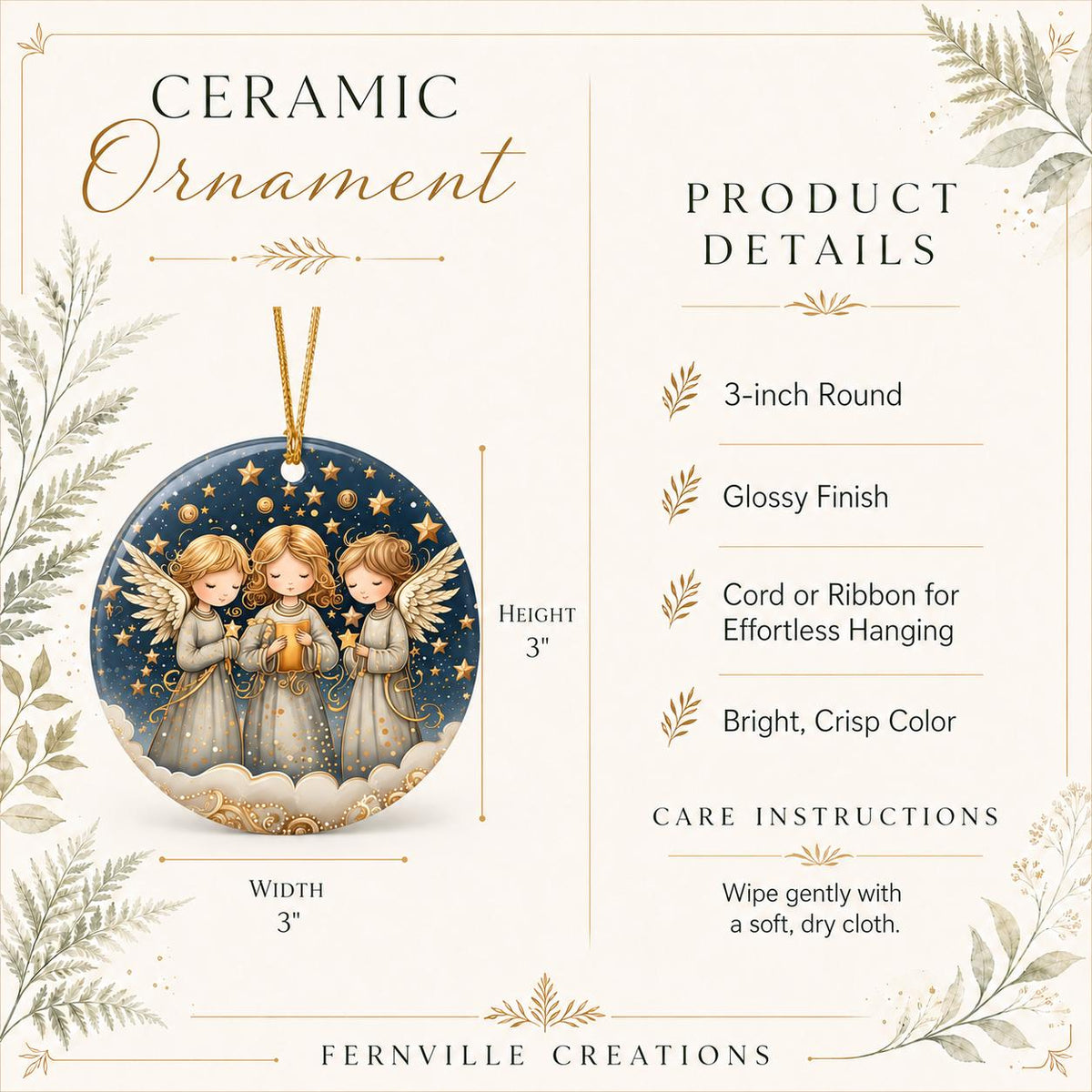 Three Angels Ceramic Ornament, Celestial Christmas Keepsake, Personalized Holiday Décor
