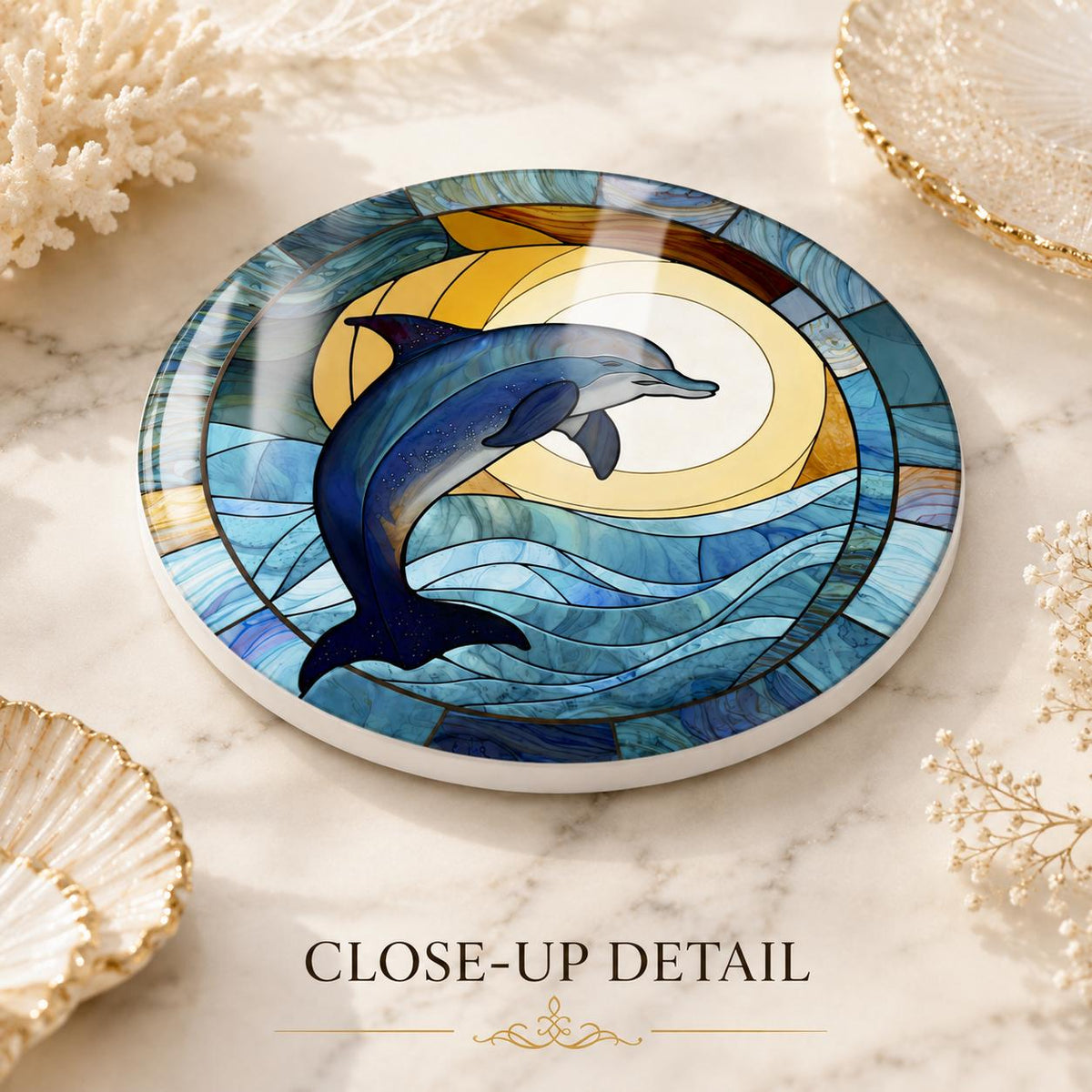 Dolphin Ceramic Coaster, Coastal Ocean Decor, Nautical Beach House Gift